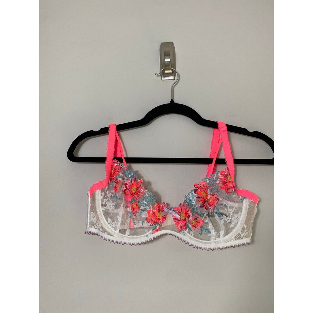 For Love & Lemons Sheer Floral Bra Neon Poppy Embroidered Medium